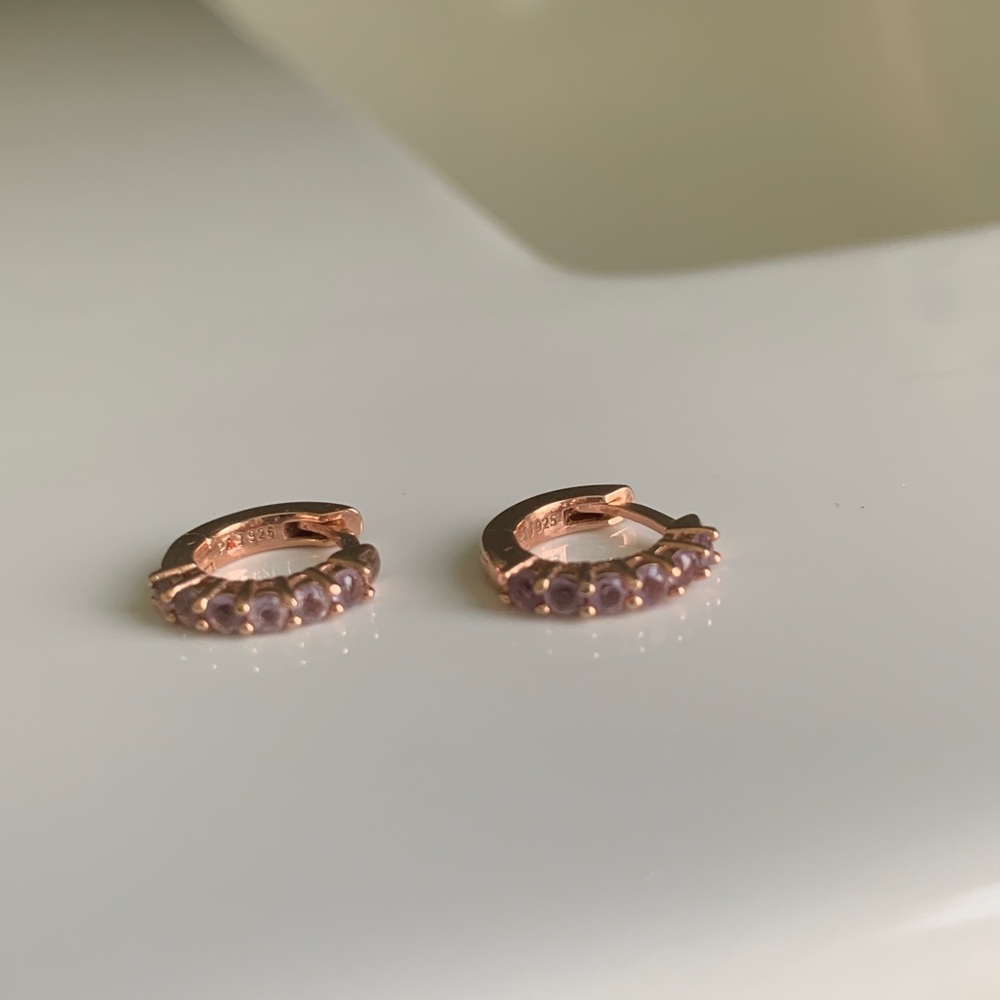 Rose Gold Pink Amethyst Huggie Hoop Earrings